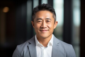 Obraz premium Portrait photography of a satisfied Chinese man in his 40s wearing a chic cardigan against an abstract background 