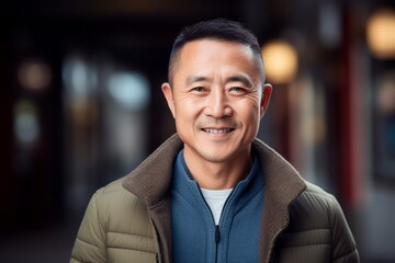 Portrait photography of a happy Chinese man in his 40s wearing a chic cardigan against an abstract background 