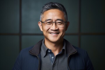 Fototapeta premium Portrait photography of a satisfied Chinese man in his 40s wearing a chic cardigan against an abstract background 