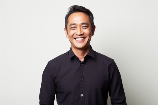 Portrait photography of a happy Indonesian man in his 40s wearing a chic cardigan against a white background 