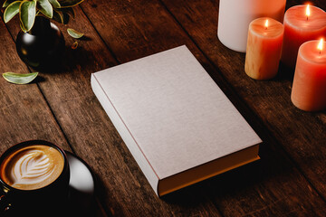 Hard cover book mock up on wooden table. Night interior with candles, plant and coffee. 3D rendering