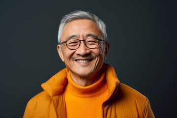 Portrait photography of a cheerful Chinese man in his 50s wearing a chic cardigan against an abstract background 