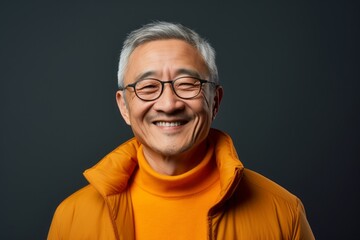 Obraz premium Portrait photography of a cheerful Chinese man in his 50s wearing a chic cardigan against an abstract background 