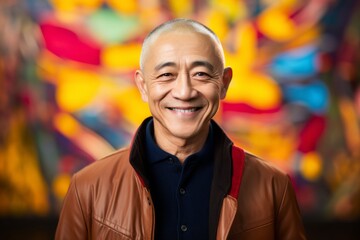 Fototapeta premium Portrait photography of a cheerful Chinese man in his 50s wearing a chic cardigan against an abstract background 