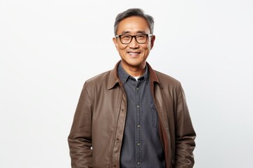 Portrait of a happy mature Asian man in eyeglasses standing against white background