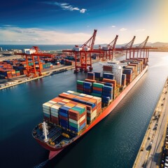 Naklejka premium Vibrant and busy cargo port with ships, cranes, and containers