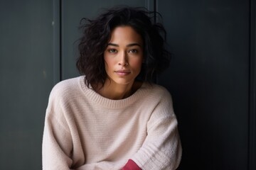 Medium shot portrait photography of a serious Indonesian woman in her 30s wearing a cozy sweater against an abstract background 