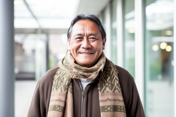 Fototapeta premium Portrait of senior Asian man wearing scarf and smiling at the camera