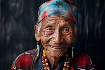 Obraz premium Portrait photography of a happy 100-year-old elderly Indonesian man wearing a pair of leggings or tights against an abstract background 