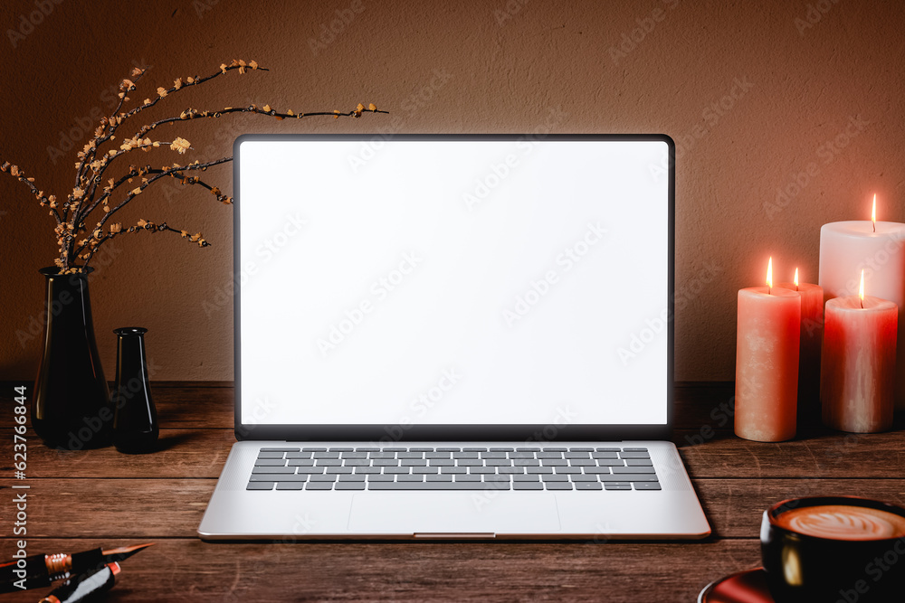 Aufkleber front view laptop mock up with blank white screen on wooden rustic desk. 3d render