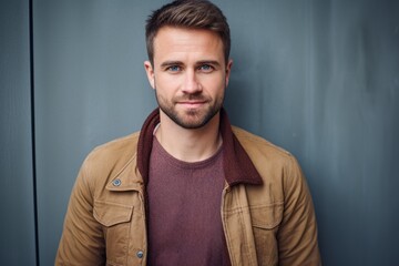 Fototapeta premium Portrait photography of a pleased Russian man in his 30s wearing a chic cardigan against an abstract background 