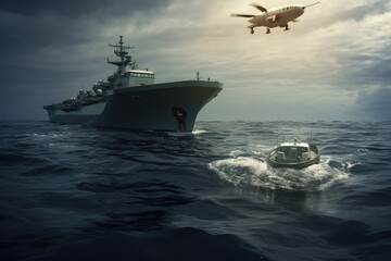 Water drone near a large military ship