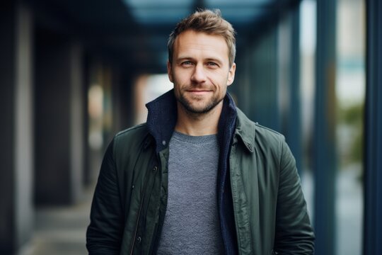 Medium shot portrait photography of a satisfied Russian man in his 30s wearing a chic cardigan against an abstract background 