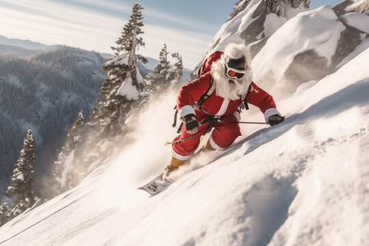 Santa Claus skiing in the mountains. active pension and sports. merry christmas and new year. generative ai, , ai