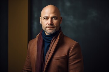 Fototapeta premium Portrait of a bald man in a brown coat and scarf.