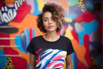 Medium shot portrait photography of a serious Brazilian woman in her 30s wearing a fun graphic tee against an abstract background 
