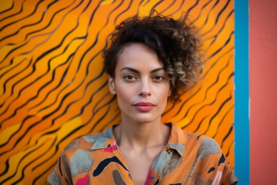 Portrait Of A Beautiful Young Woman With Afro Hairstyle Against Orange Wall