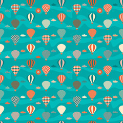 Groovy seamless pattern with hot air balloons, clouds and sun. Perfect print for tee, textile, paper and fabric. Retro illustration for surface design.