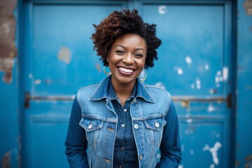 Portrait of a beautiful young african american woman with afro hairstyle, wearing a denim jacket and smiling.