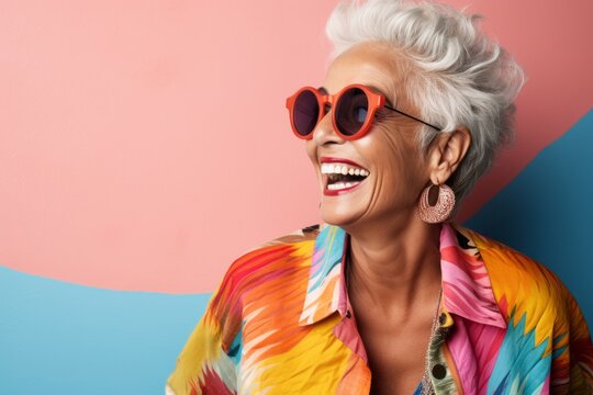 Portrait Of Smiling Senior Woman In Sunglasses Looking At Camera On Colorful Background