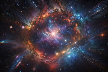 Fototapeta premium Colorful space galaxy cloud nebula. Stary night cosmos. Universe science astronomy. Supernova background wallpaper. Generative Al