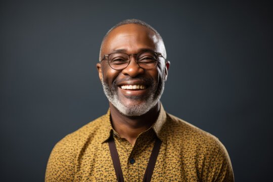 Portrait photography of a happy Nigerian black man in his 50s wearing a chic cardigan against an abstract background 