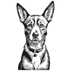 Basenji dog engraved vector portrait, face cartoon vintage drawing in black and white realistic breed pet