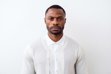 Portrait of pensive african american man standing against white background