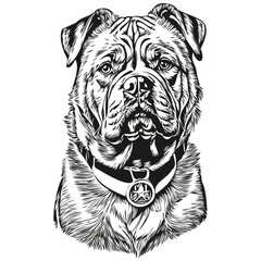 Dogue de Bordeaux dog logo vector black and white, vintage cute dog head engraved realistic breed pet