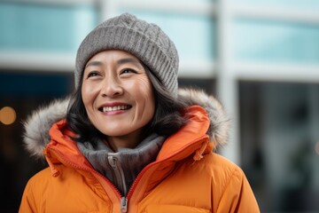 portrait of smiling asian woman in winter jacket and hat outdoors