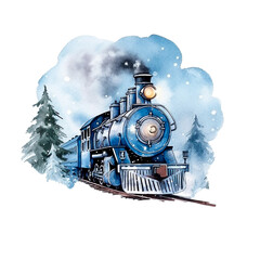 Christmas train express watercrolor winter holidays illustration. AI generative isolated illustration.