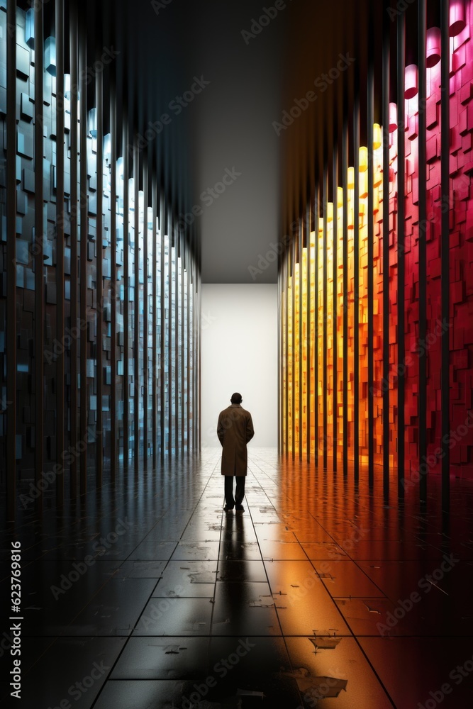Poster a person standing in a room with a colorful wall. generative ai. visualization of gender spectrum