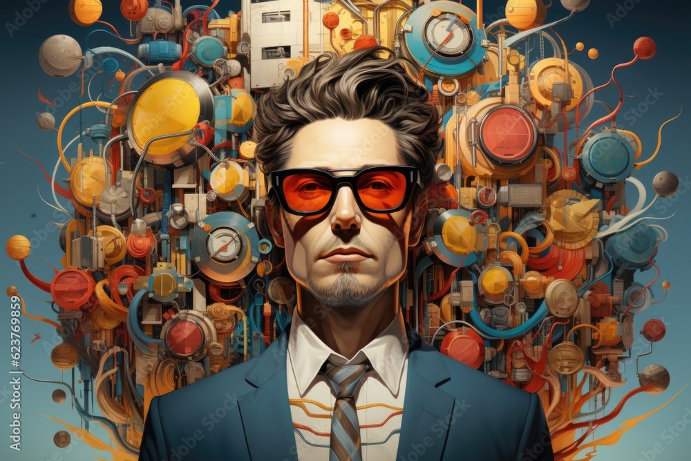 Poster a man in a suit and tie standing in front of a bunch of objects. generative ai.