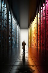 A person standing in a room with a colorful wall. Generative AI. Visualization of gender spectrum