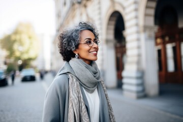 Fototapeta premium Stylish african american woman in coat and eyeglasses walking on the street.