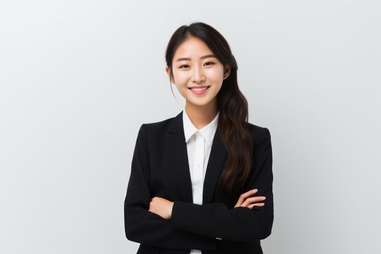 Portrait of young asian businesswoman standing with arms crossed on white background