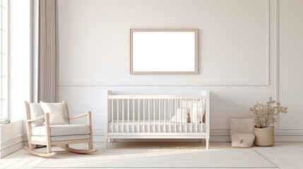 A baby's room with a crib and rocking chair. Generative AI. Empty frame on a wall mockup.