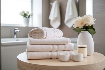 Obraz na płótnie Canvas space towel shower home white soft background bathroom room table wooden. Generative AI.