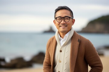 Handsome asian man wearing coat and glasses on the beach