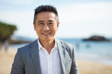 Portrait of smiling businessman standing on beach with sea in the background