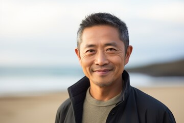 Portrait of happy mature Asian man smiling at camera at the beach