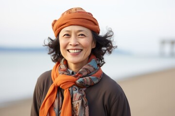 Portrait of smiling senior woman wearing scarf and headscarf on beach