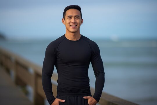 Portrait of young handsome Asian man wearing wetsuit at beach