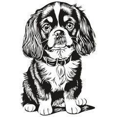 English Toy Spaniel dog black drawing vector, isolated face painting sketch line illustration realistic breed pet