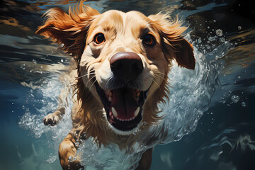 Illustration showcasing the dog swimming underwater in the pool