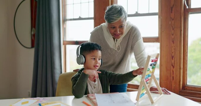 Learning, math and help with grandmother and child for education, future and homework. Study, focus and teaching with old woman and tutoring student in family home for kindergarten, school and growth