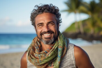 Portrait of a smiling man with a scarf on the beach.