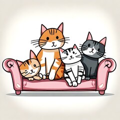 cute cartoon cats sitting on a sofa. (AI-generated fictional illustration)

