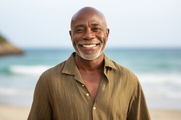 Portrait of happy mature man smiling at camera on the beach.