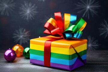 Beautiful rainbow Christmas gift box with ribbon. Generative AI illustration.